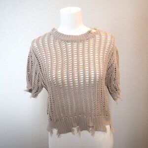 Mello Los Angeles Beige Open-Knit Sweater Distressed Hem, Ribbed Trim, Size M